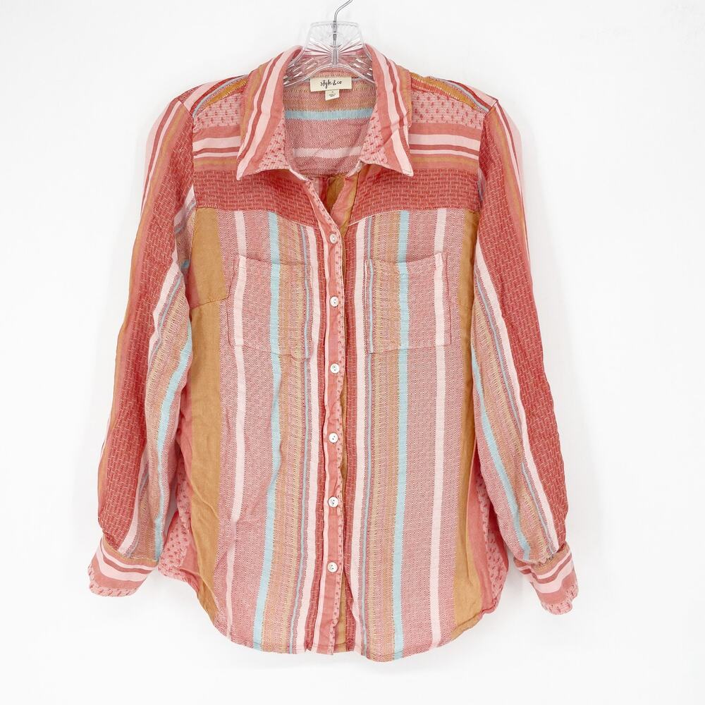 Style&Co Long Sleeve Button-Up Stripe Top Size Small